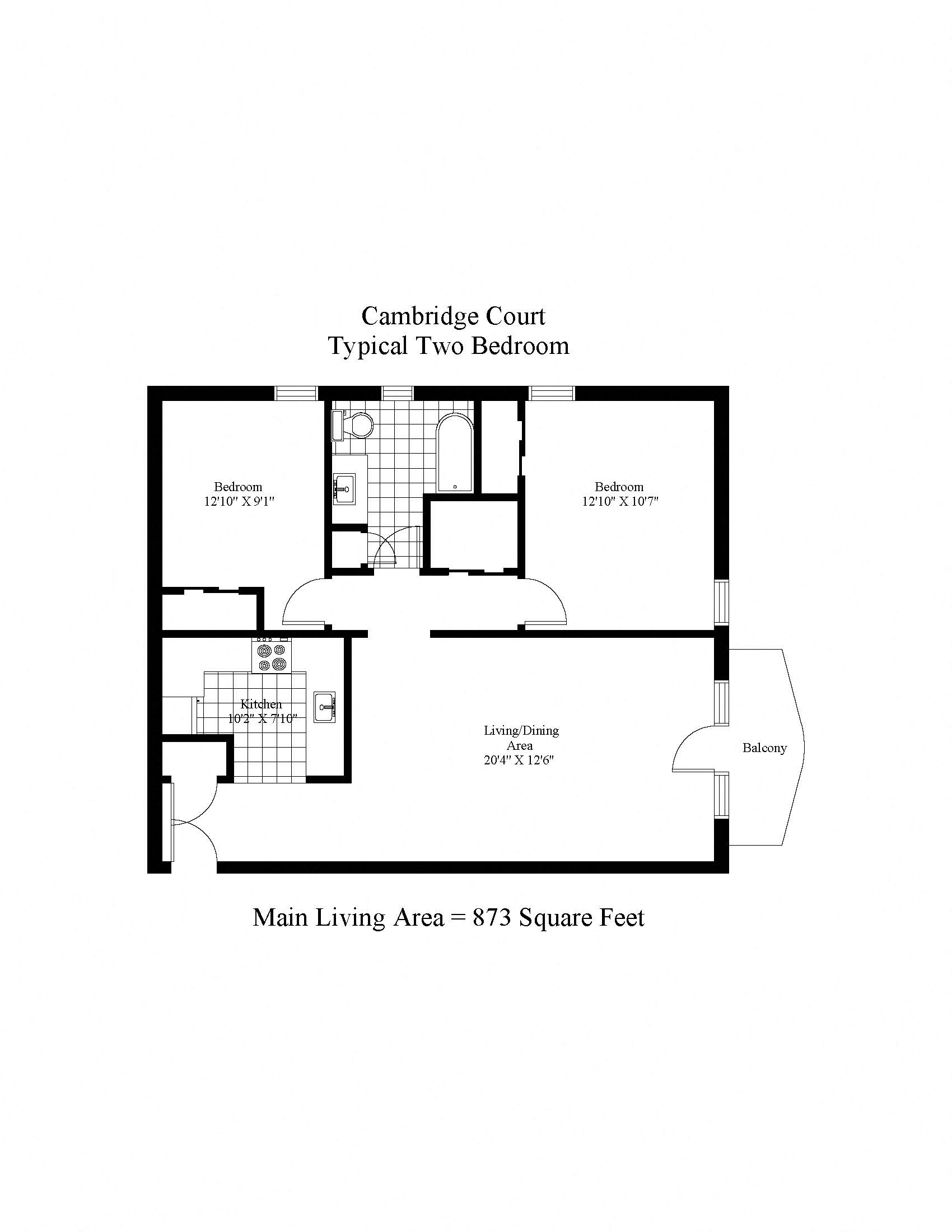 Floor plan for 2 beds, 2 baths, 1200 sqft